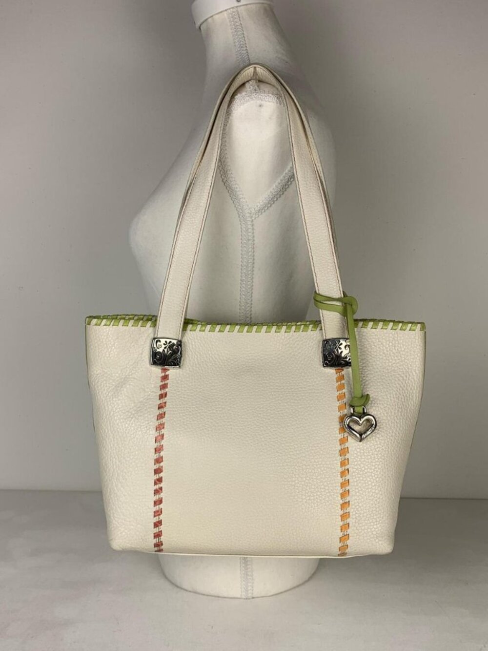 Brighton Off-White Pebbled Leather Tote Bag with Colorful Whipstitch Accents